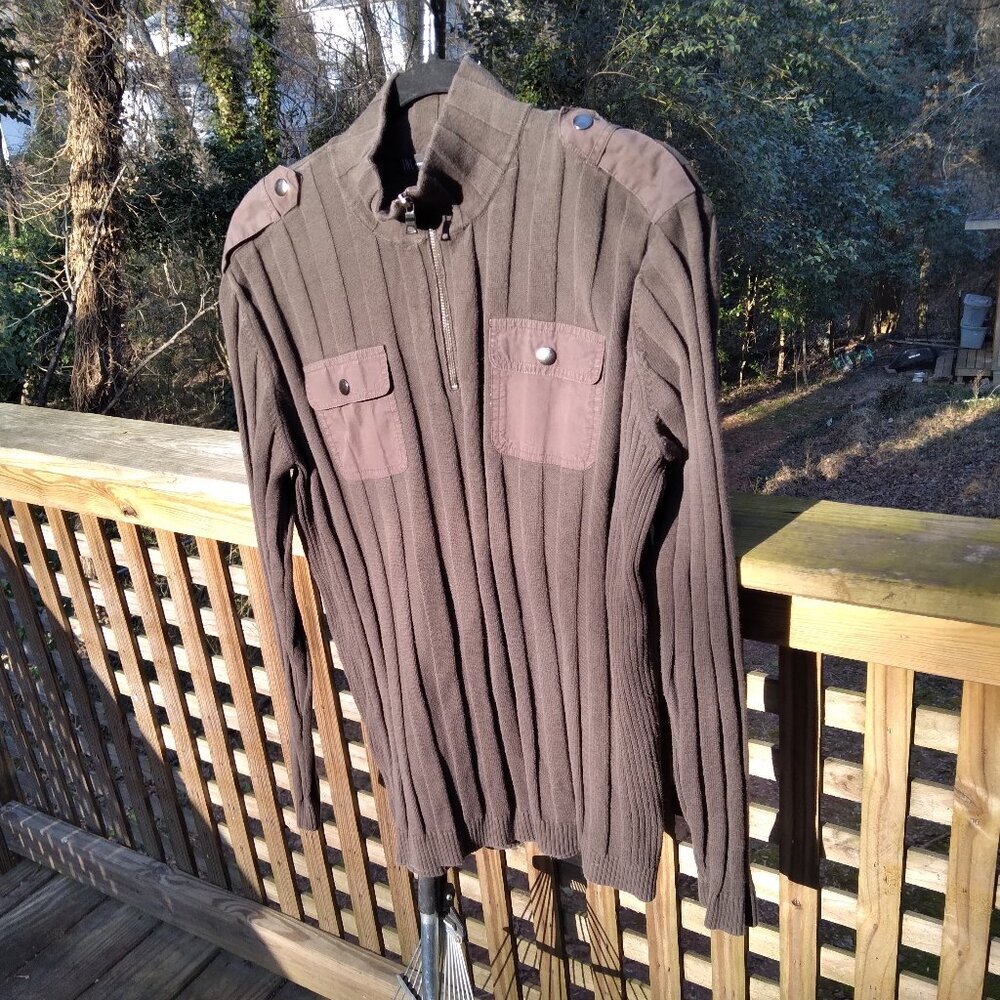 Y2K Olive Green Long Cotton Multi Rib Zip Up Turtleneck Metal Snap Deco's Sz L
